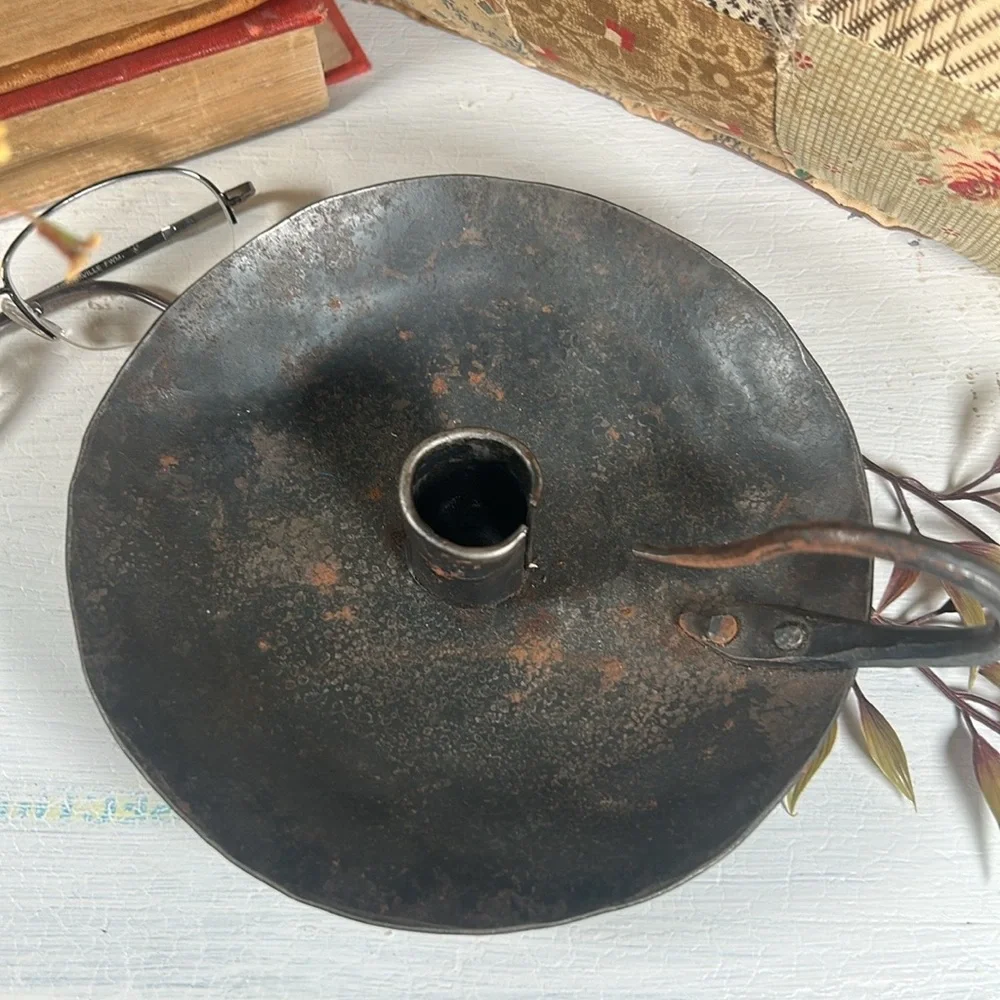 VTG Hand Forged Iron Candlestick Handheld Hand Made Rustic Farmhouse Primitive